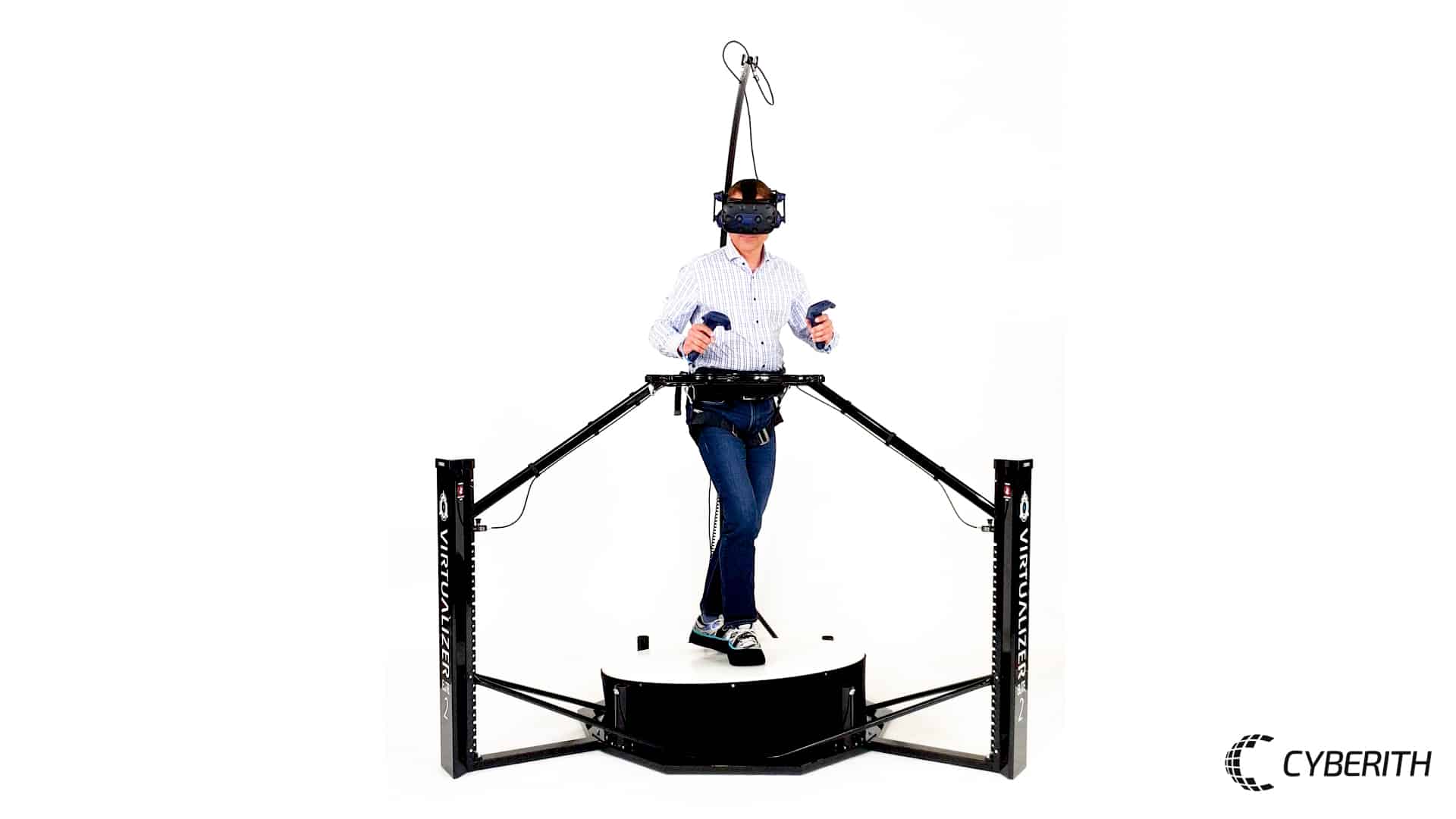 An older person standing in the Virtualizer ELITE 2 with Rehab Module