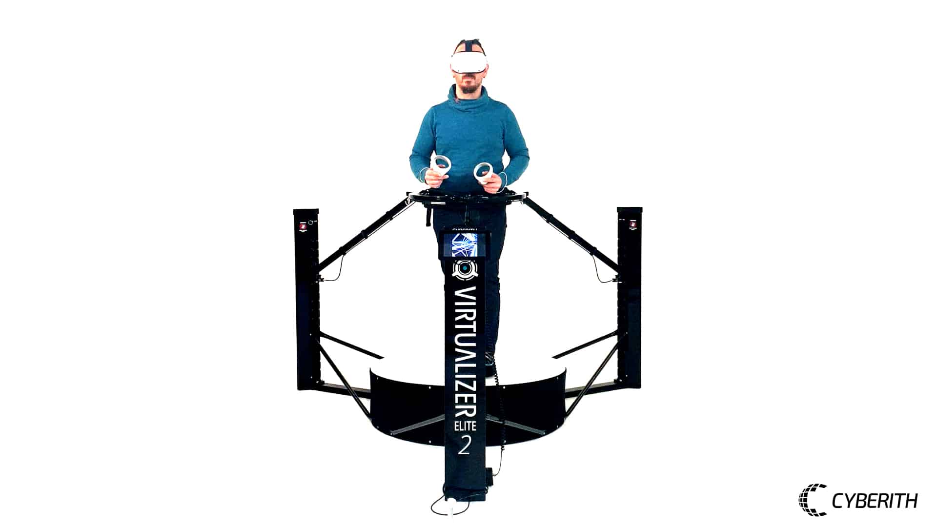 A user standing in the Virtualizer ELITE 2 wearing a Meta Quest 2 headset